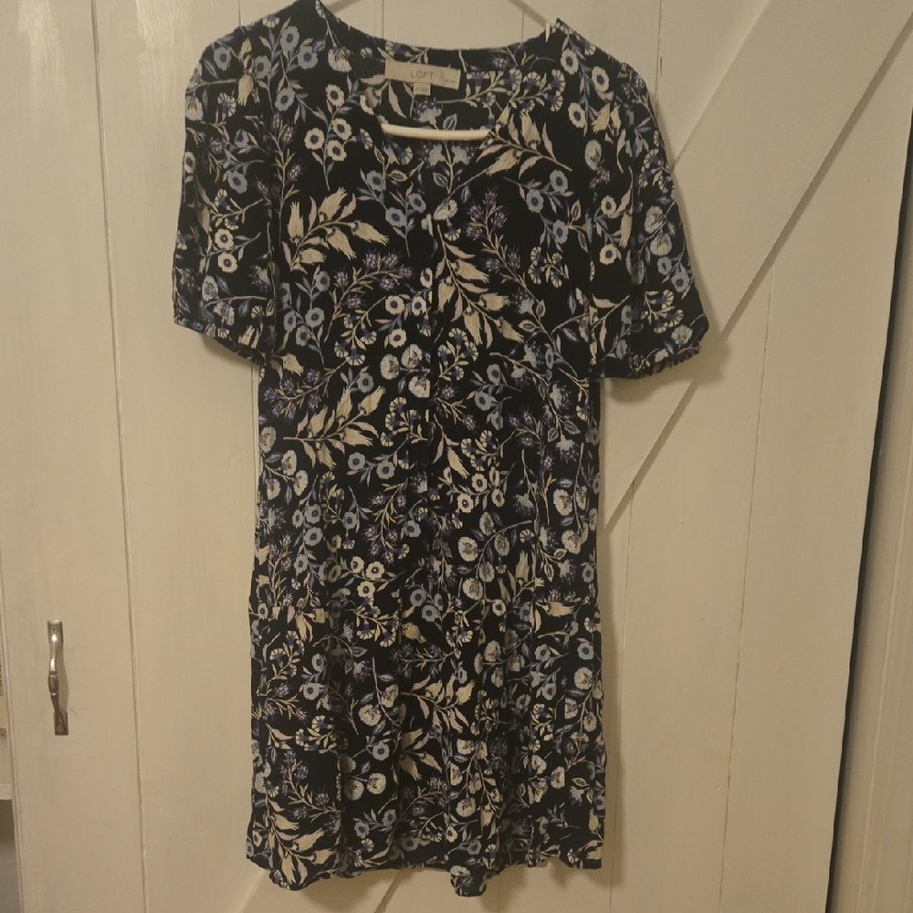 LOFT Navy Floral Short-Sleeve Midi Dress